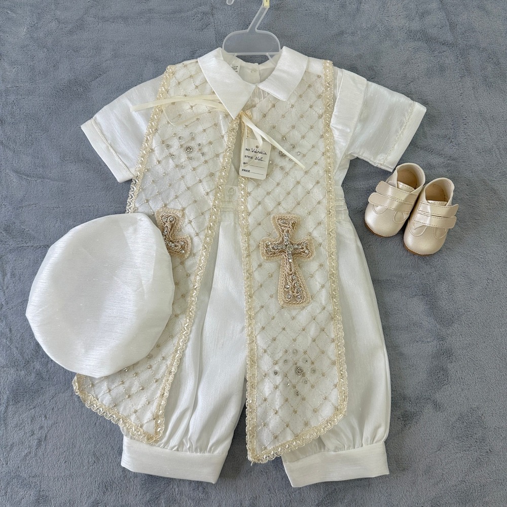 NWT Valentin Boys Baptism Christening Set Ivory Romper Vest Hat Shoes Size 1 2